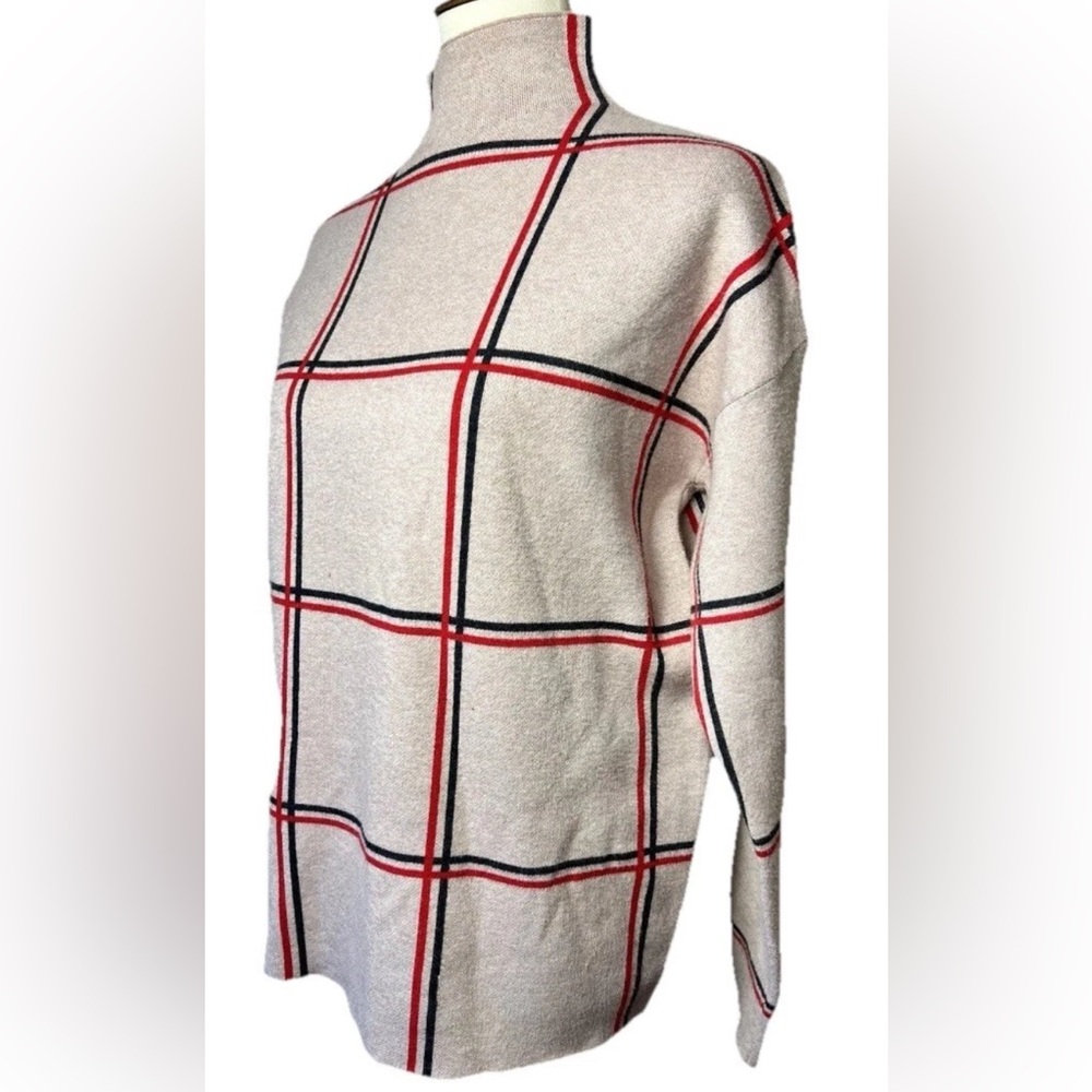 Tahari Women’s Size Large Plaid Beige, Red & Black Mock Neck Sweater